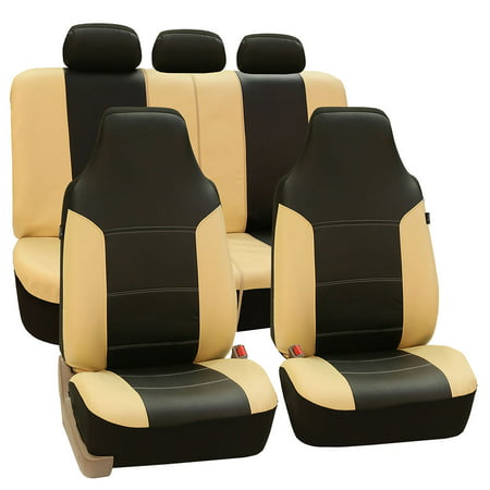 FH Group Royal PU Leather Full Set Airbag Compatible and Split Bench Car Seat Covers, Beige and Black