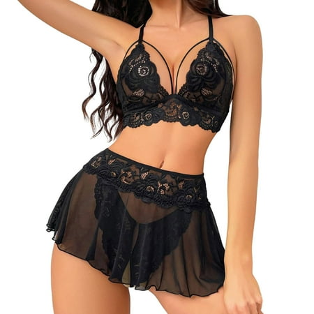 Midwennn Sexy Lingerie for Women 3 Piece Lace Bralette Mini Skirt With G String Crotchless Lingerie Outfits Sexy Corset Lingerie for Women