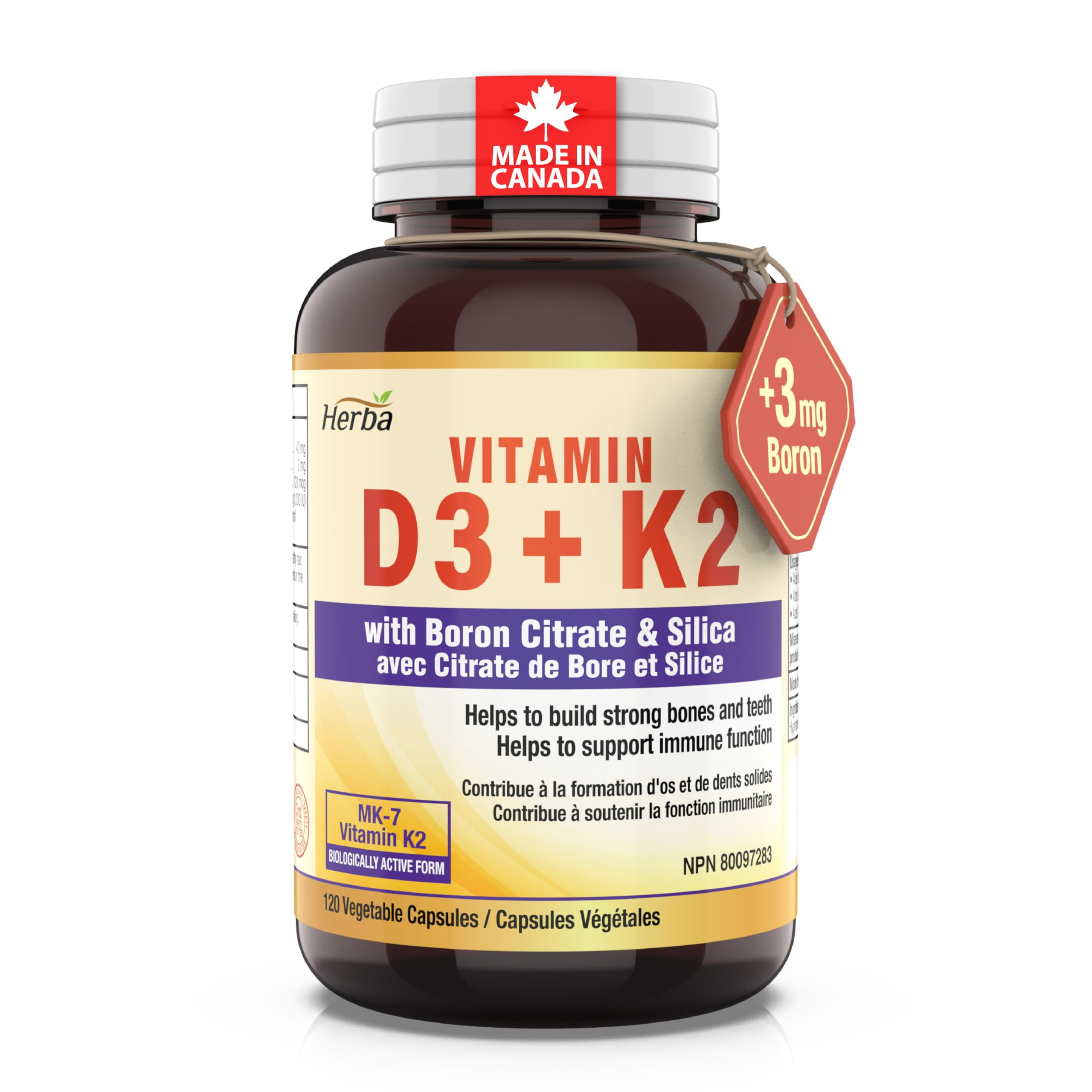 Herba Herba K2 D3 Vitamin Supplement with 3MG Boron Citrate and Silica – 120 Capsules | Vitamin K2 MK-7 and Vitamin D3 1000 IU | Made in Canada