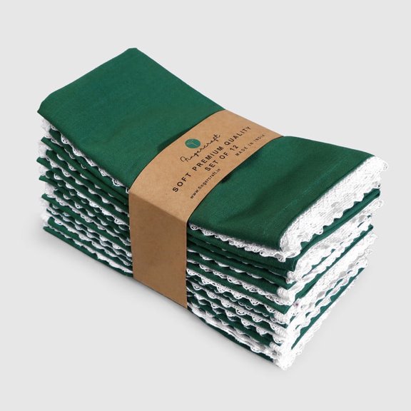 Fingercraft Cloth Napkin Cotton Blend 12 pack Mitered Corners with Classic Lace for Everyday Use, Hotel, Wedding, Christmas, 20 x 20in, Eden Green