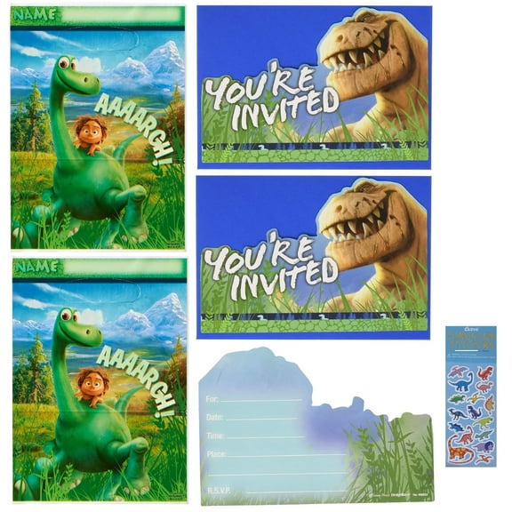 The Good Dinosaur Birthday Party Supplies Bundle includes 16 Postcard Invitations, 16 Envelopes, 8 Seals, 8 Save the Date Stickers, 16 Plastic Loot Bags
