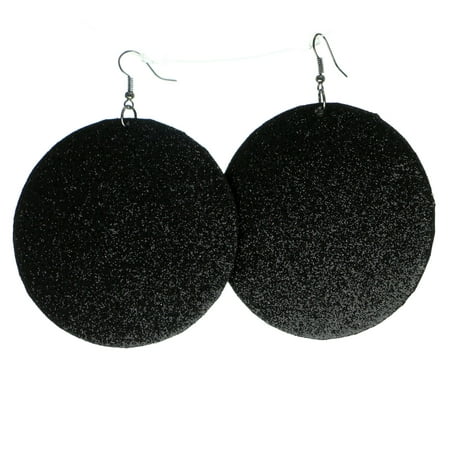 Large Black Glittery Round Disc Dangle Earrings For Women