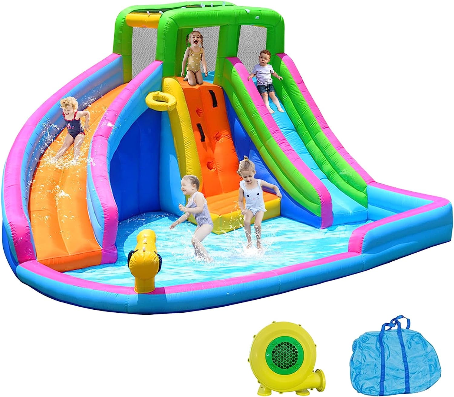Linor 8 in 1 Inflatable Water Slides, Big Blow Outdoor Water Park for Kids, Dual Slide