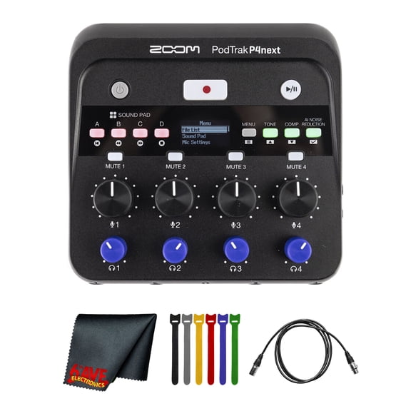 Zoom PodTrak P4next Portable Multitrack Podcast Recorder with 4 Microphone XLR Inputs  70 dB Gain, AI Noise Reduction, 48 kHz/24-Bit Recording, 4 Headphone Outputs Bundle
