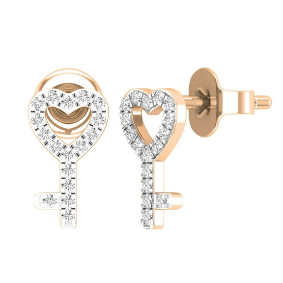 Dazzlingrock Collection Round White Diamond Heart Key Push-back Stud Earrings for Women (0.10 ctw, Color I-J, Clarity I1-I2) in 18K Rose Gold