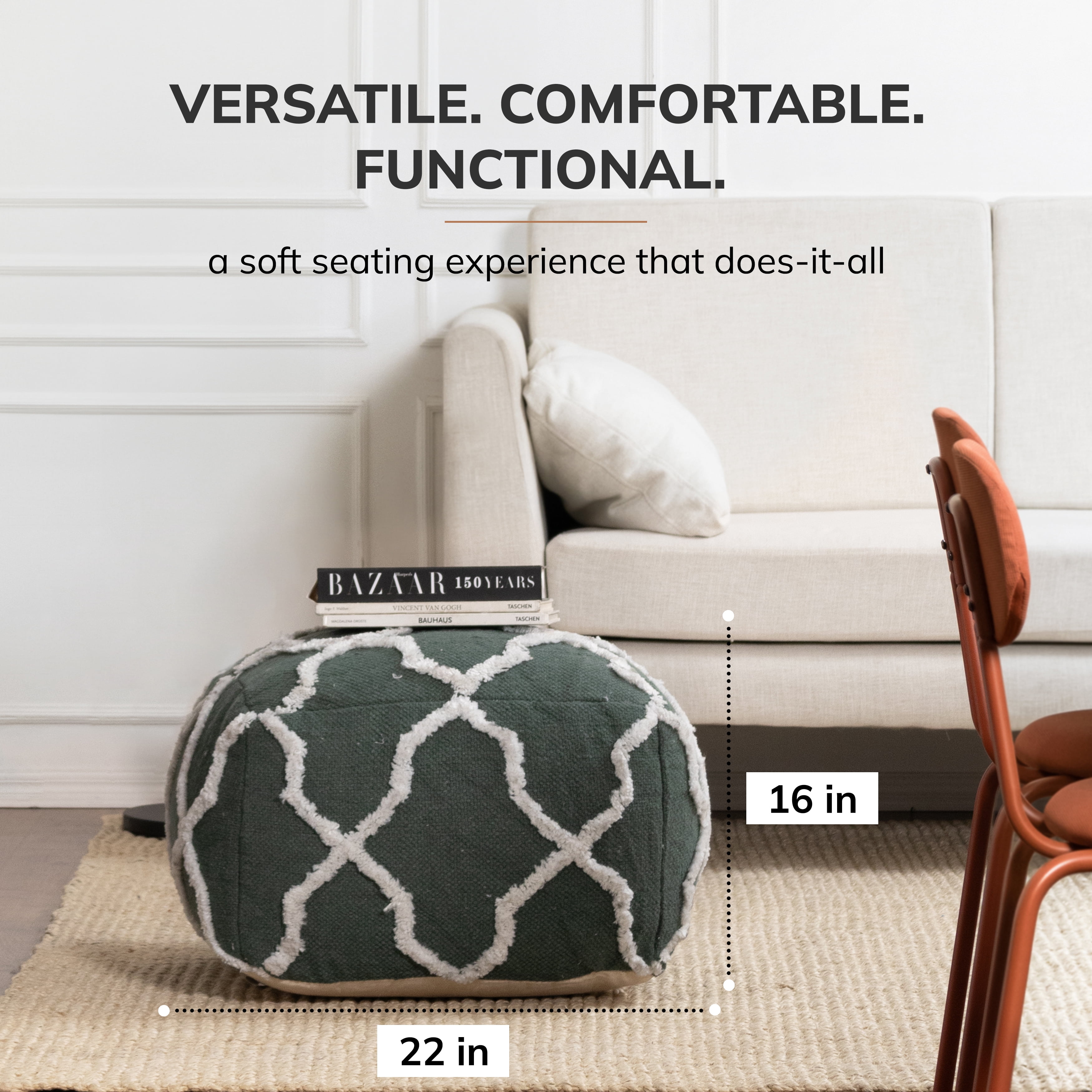 Forest Trail 22" x 22" x 16" Green & Ivory Pouf