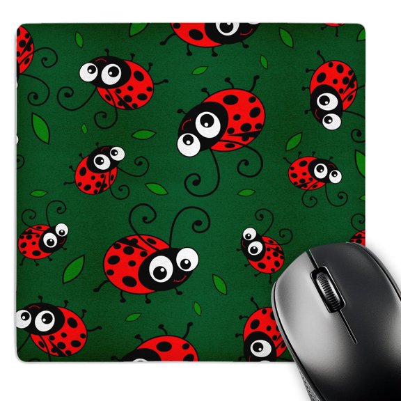 3dRose, Cute red ladybug and leaf pattern on dark green - cartoon ladybugs ladybirds - kawaii ladybird bugs, MousePad