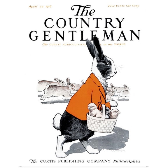 Great BIG Canvas | Rolled Poster Print entitled A dapper Easter Bunny carries a basket of chicks