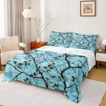 Feelyou Tree Branches Kids Bed Sheets, Cyan Plant Botanical King Sheets, Rustic Farmhouse Sheet Set, Ultra Soft Bedroom Decor, 4-Piece