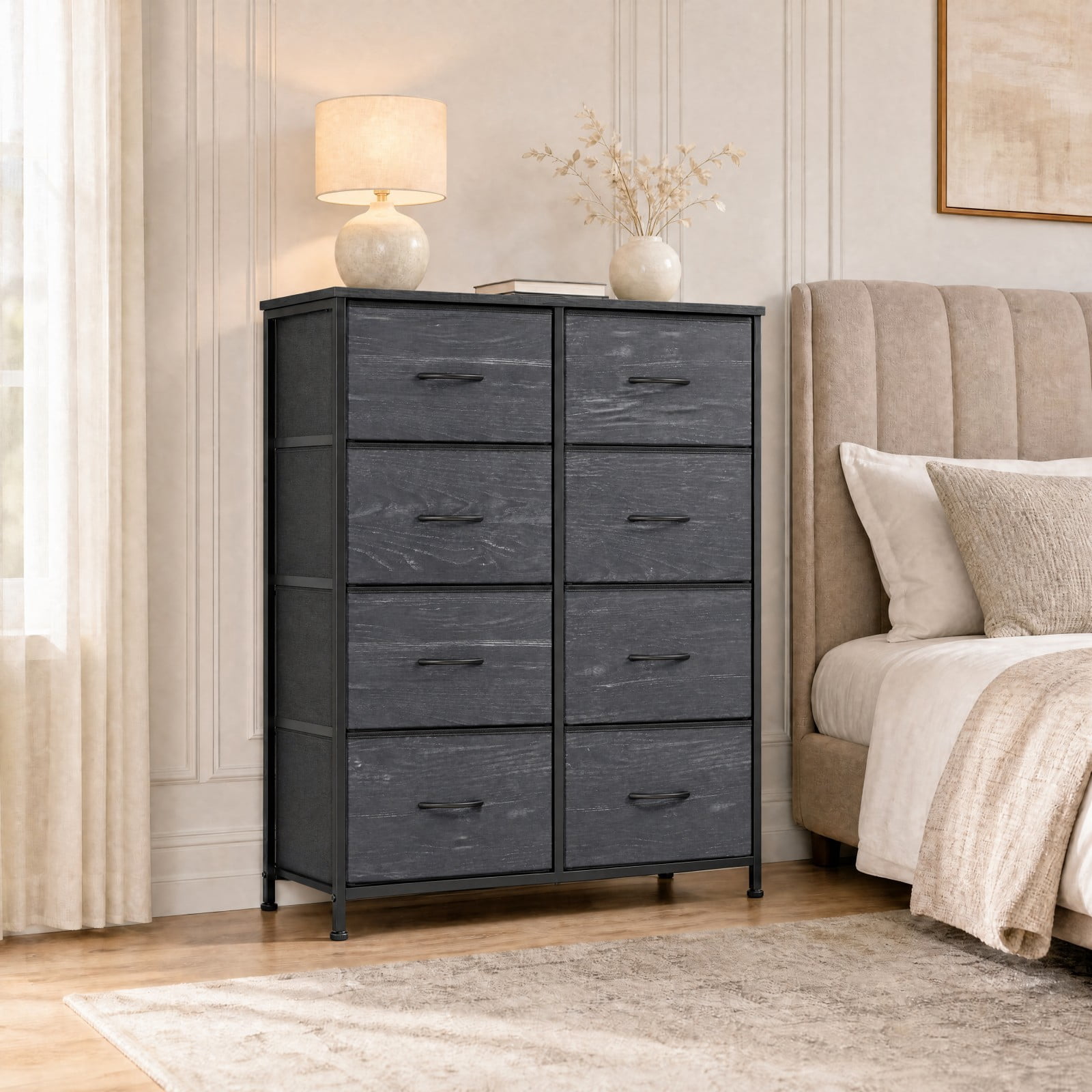 Telyra 8-Drawer Fabric Dresser Tall Storage Tower with Wood Top and Steel Frame Bedroom Closet Organizer, Black Wood Grain