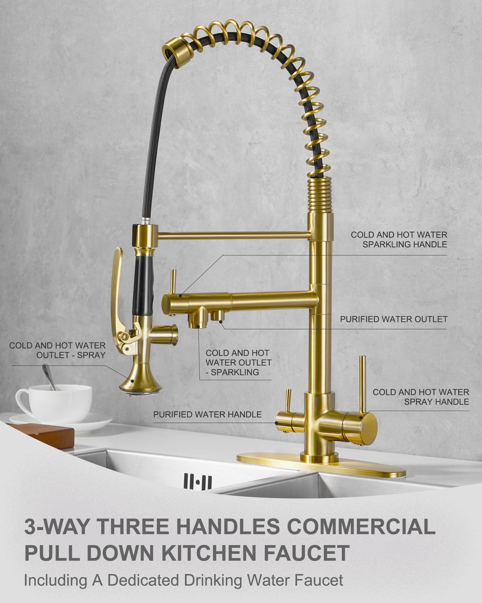 WOWOW Double-Handles Pull Down Sprayer Kitchen Faucet with Drinking Water for 1 or 3 Hole in Solid Brass in Gold