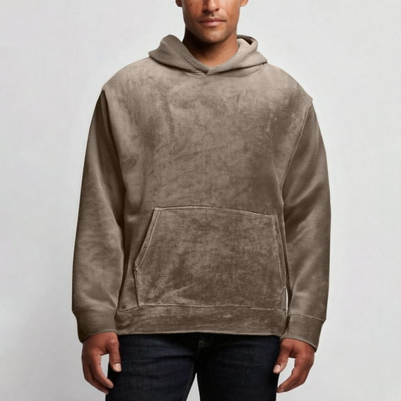 Donemore Men's Fashion Solid Color Long Sleeve Hooded Coral Fleece Sweatshirt with Drawstring Pockets Casual Comfortable Warm Upper Wear Trendy Versatile Men's Clothing Design