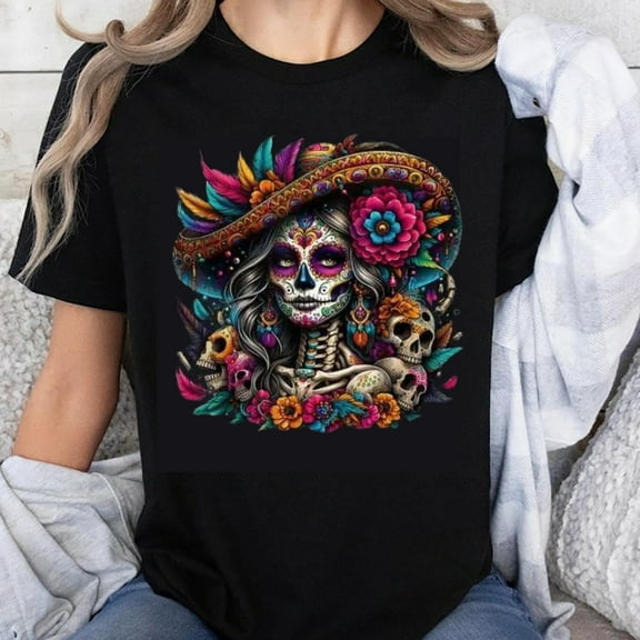 100% Cotton Day of the Dead Sugar Skull Woman T-Shirt with Colorful Floral Hat and Mexican Folk Art Design for Women and Men