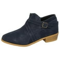 thumbnail image 2 of Willtoo Women Vintage Ankle Boots Solid Leather Cross Buckle Straps Round Toe Chunky Block Heels Side Zipper Western Booties Waterproof Stylish Breathable Daily Dressy Office Short Shoes Dark Blue, 2 of 5