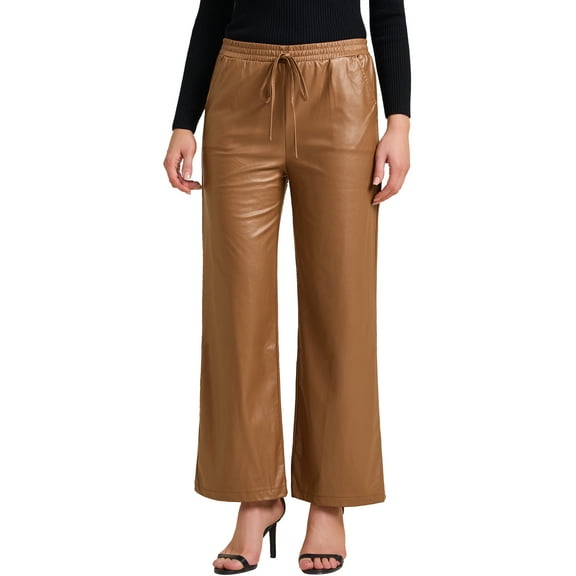 INSPIRE CHIC Women's Faux Leather Pants High Waist Straight Leg Pant Trousers with Pockets Party Outfit XS Brown