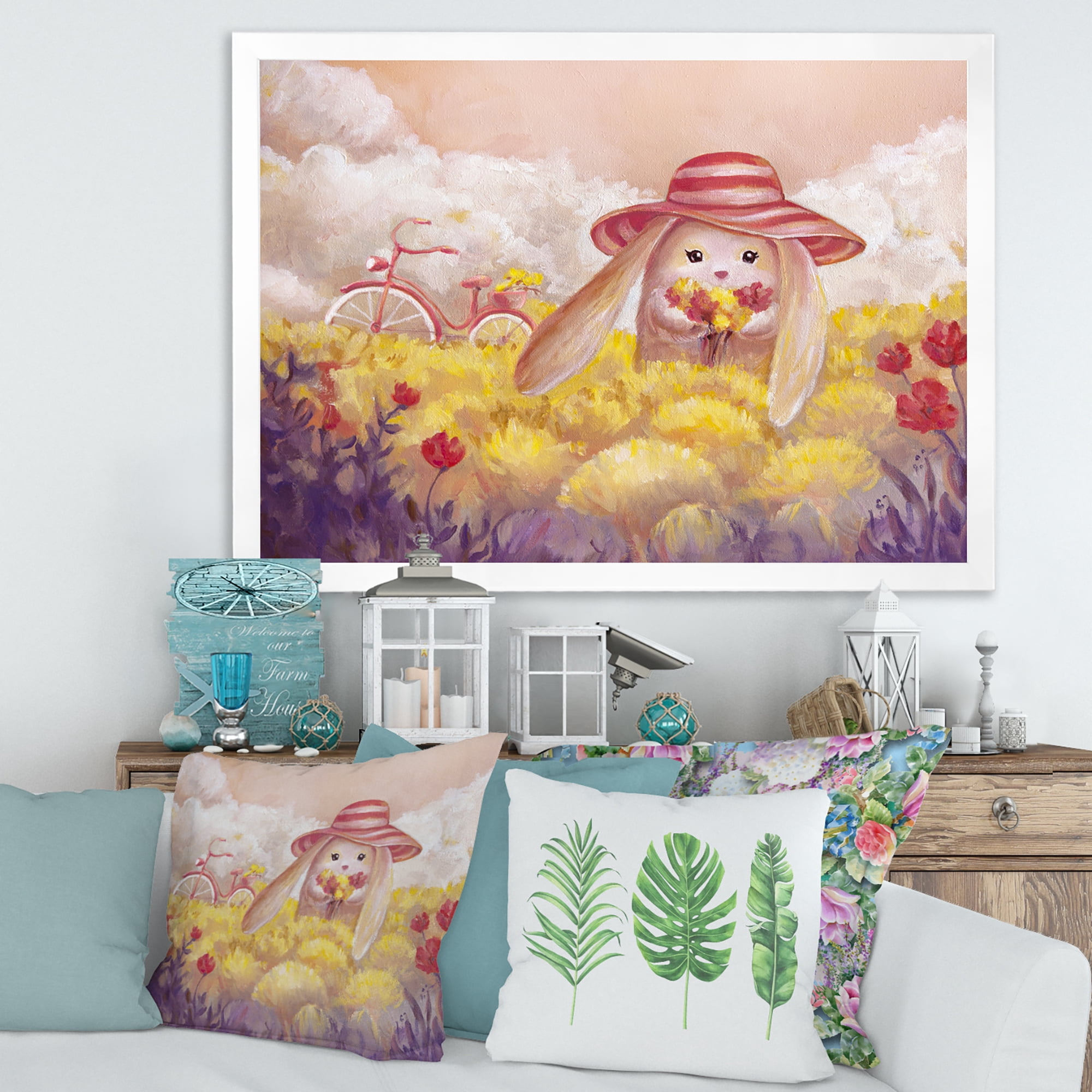 Designart 'Little Bunny With Yellow Flowers' Traditional Framed Art Print