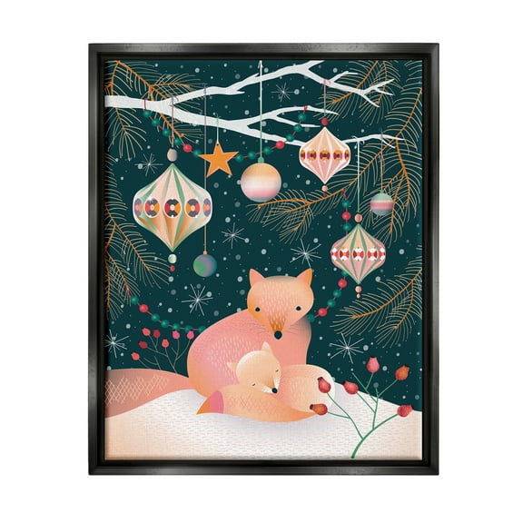 Stupell Industries Winter Foxes Beneath Tree Holiday Painting Black Floater Framed Canvas Art Print Wall Art, 17 x 21