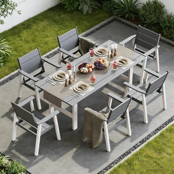 Hombazaar HDPE 7-Piece Rectangular Outdoor Dining Set with Armchairs and Umbrella Hole for 6, White and Grey