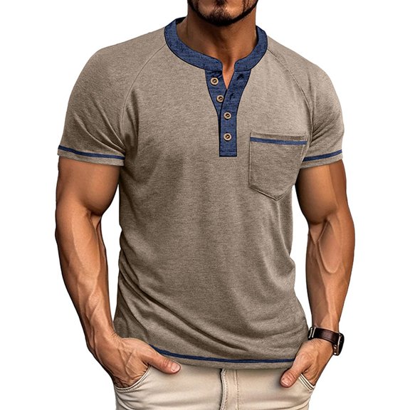 Krdevn Men's Color Blocked Button Open Neck Pocket Casual Loose Comfortable Solid Color Round Neck Short Sleeved T Shirt,XXL