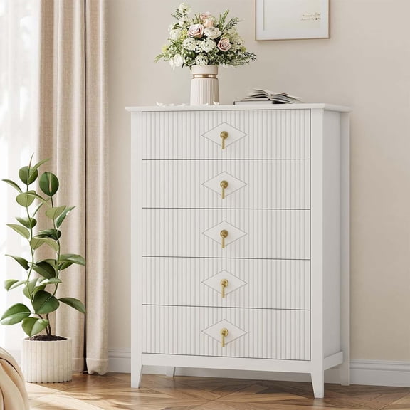 IdealHouse 42.9" Tall Fluted Dresser, 5-Drawer Wooden Chest with Metal Handles, Modern Wave Design for Bedroom/Living Room/Entryway, White