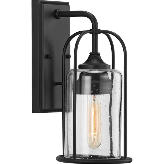Watch Hill Collection One-Light Textured Black and Clear Seeded Glass Farmhouse Style Small Outdoor Wall Lantern
