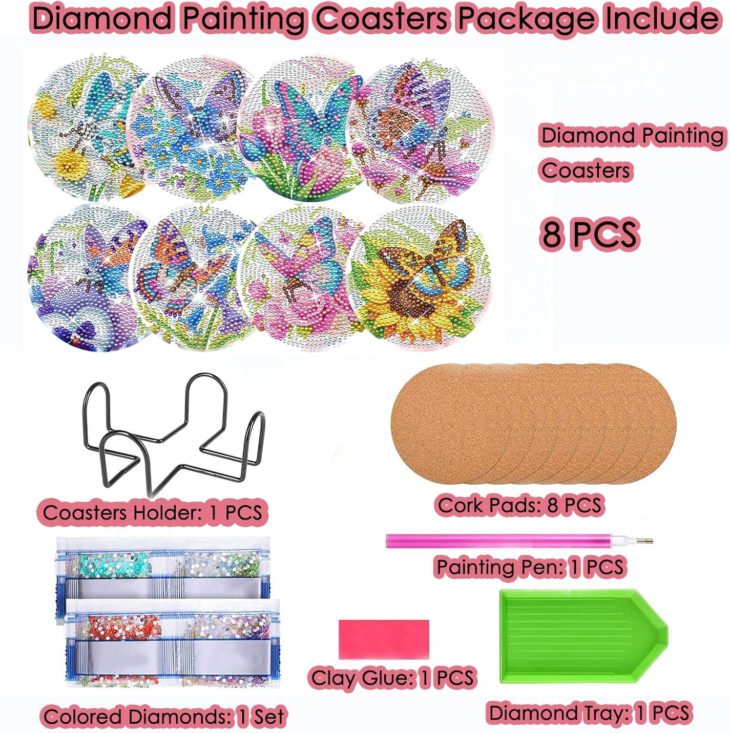 Diamond Art Painting Coasters Kit, 8 Pcs Colorful Butterfly Coasters with Holder, DIY Diamond Painting for Beginners