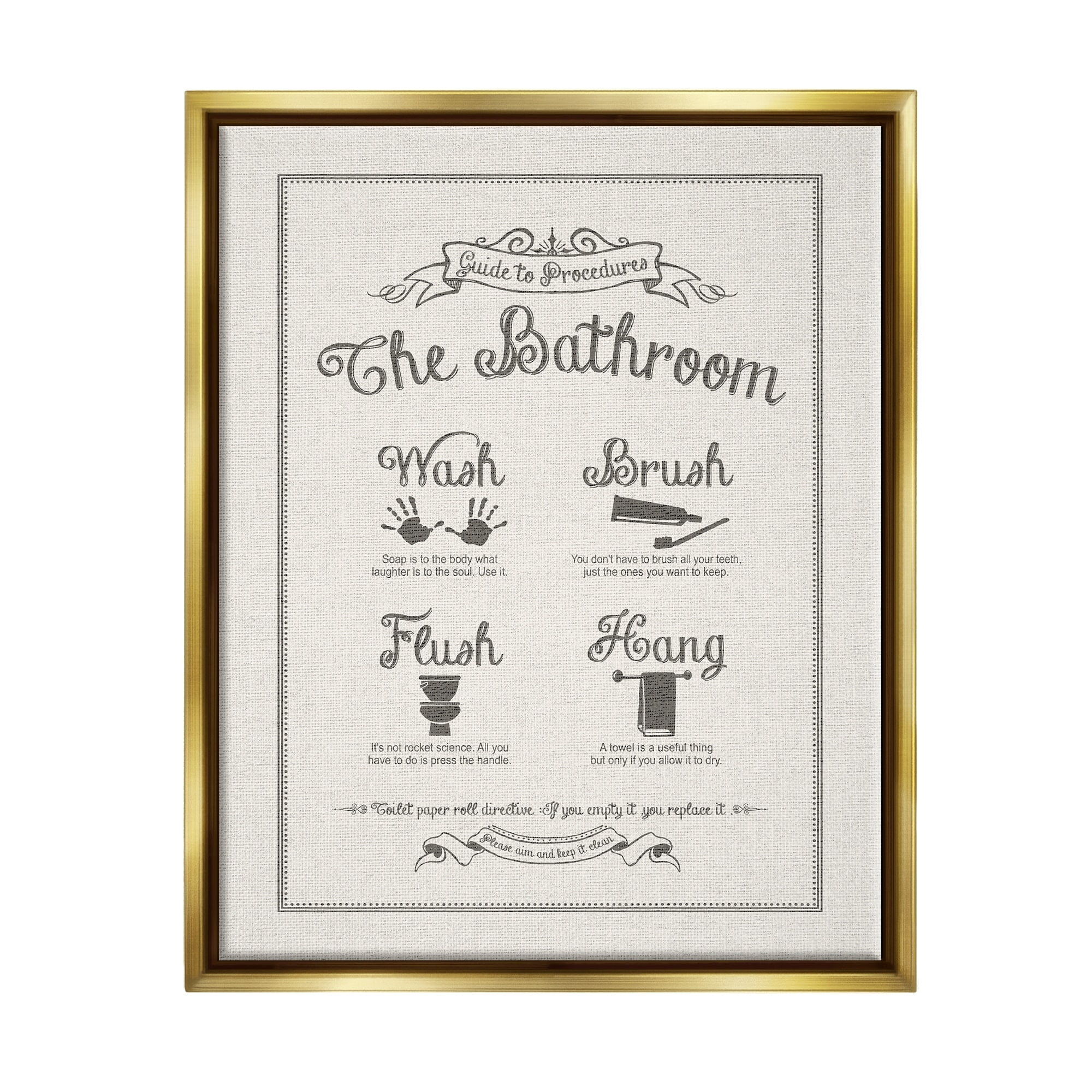 Stupell Industries Guide To Bathroom Procedures Linen Look Metallic Gold Framed Floating Canvas Wall Art, 16x20, by Lettered and Lined
