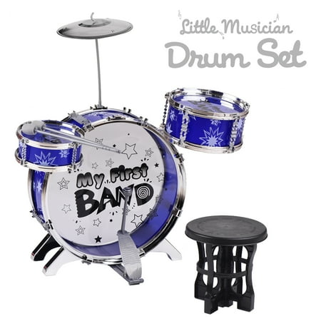 Christmas Playlet For Kids Kids Children Beginners Jazz Drums Set 3 Pieces Drums with Cymbal Drumsticks Adjustable Stool Single Beater Percussion Musical Instrument Toy Playset for Children Christmas Birthday Gifts Blue ()