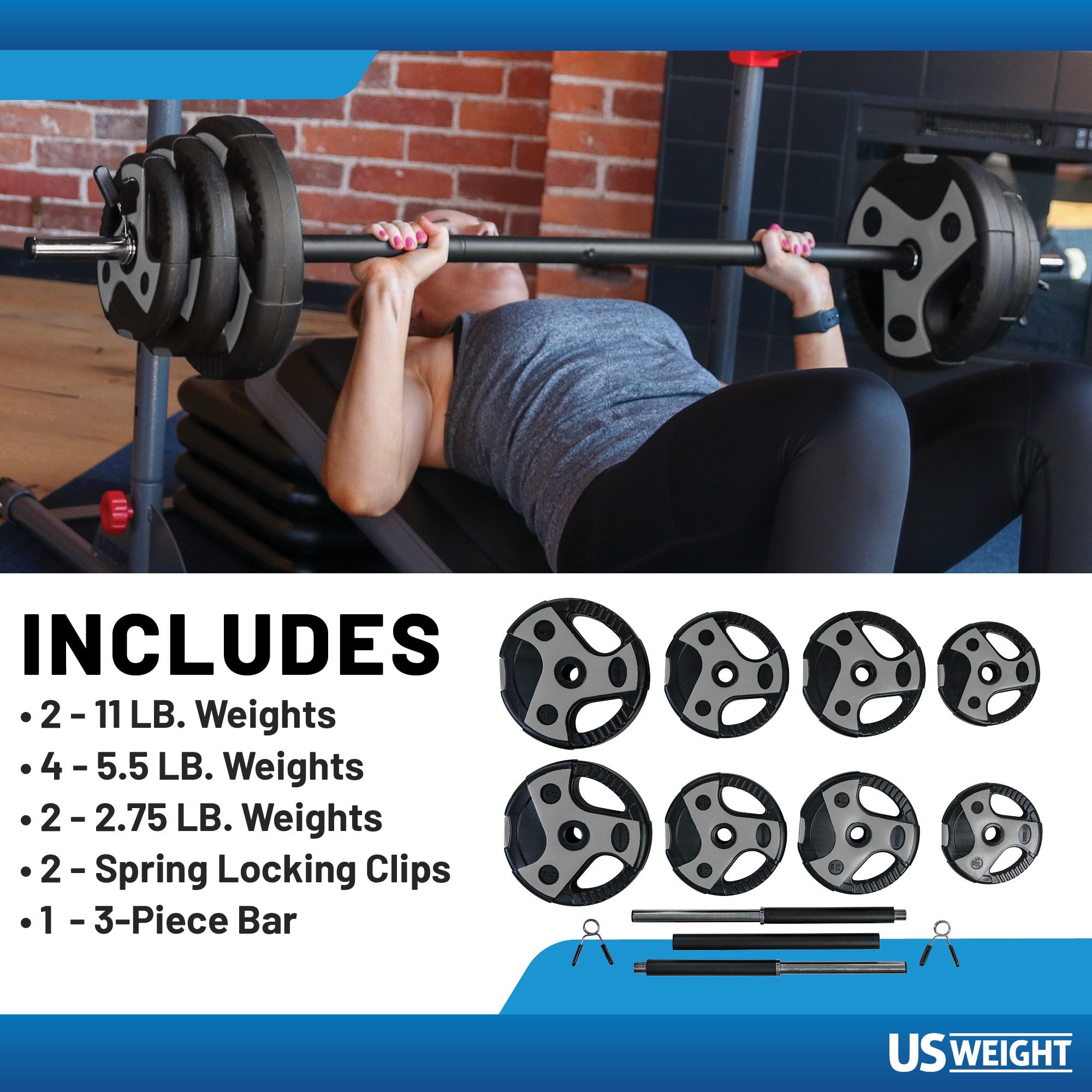 US Weight 54 LB Barbell Weight Set with 55" Adjustable Bar - Home Gym Strength Training Equipment - Grey