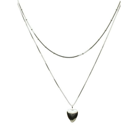 2-Strand Sterling Silver Puffed Heart Box Beads Chain Necklace Adjustable 20