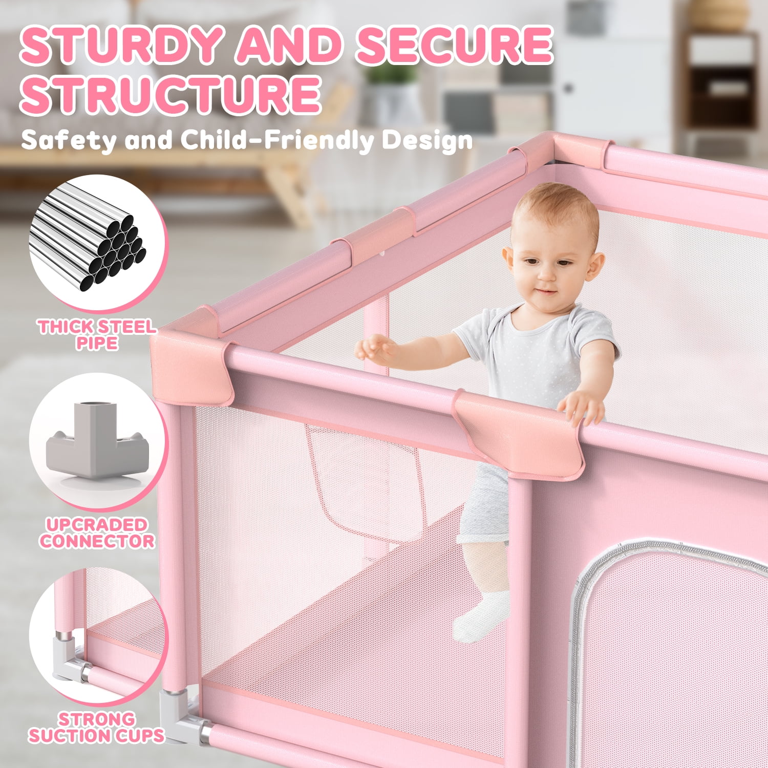 JoyStone Baby Playpen, 50 x 50 in, Non-Slip Base, Soft Mesh Sides, 2 Pull-up Rings, Carry Bag, Pink