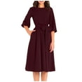 thumbnail image 2 of IROINNID Cocktail Dress for Women Wedding Guests Dresses for Women Long Sleeve Round-Neck Slim Dress Solid Classic Dress Deals,Burgundy, 2 of 9