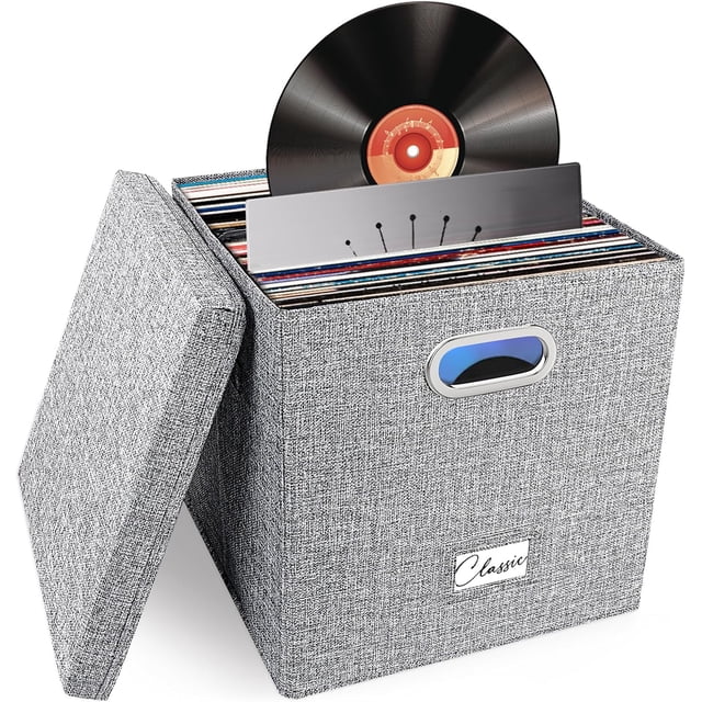 Vinyl Record Storage Box for + Single LPs Stackable Albums Linen Crate with Lid Collapsible Long Play Music Collection Holder Document File Folder Cabinet Organizer with Handle