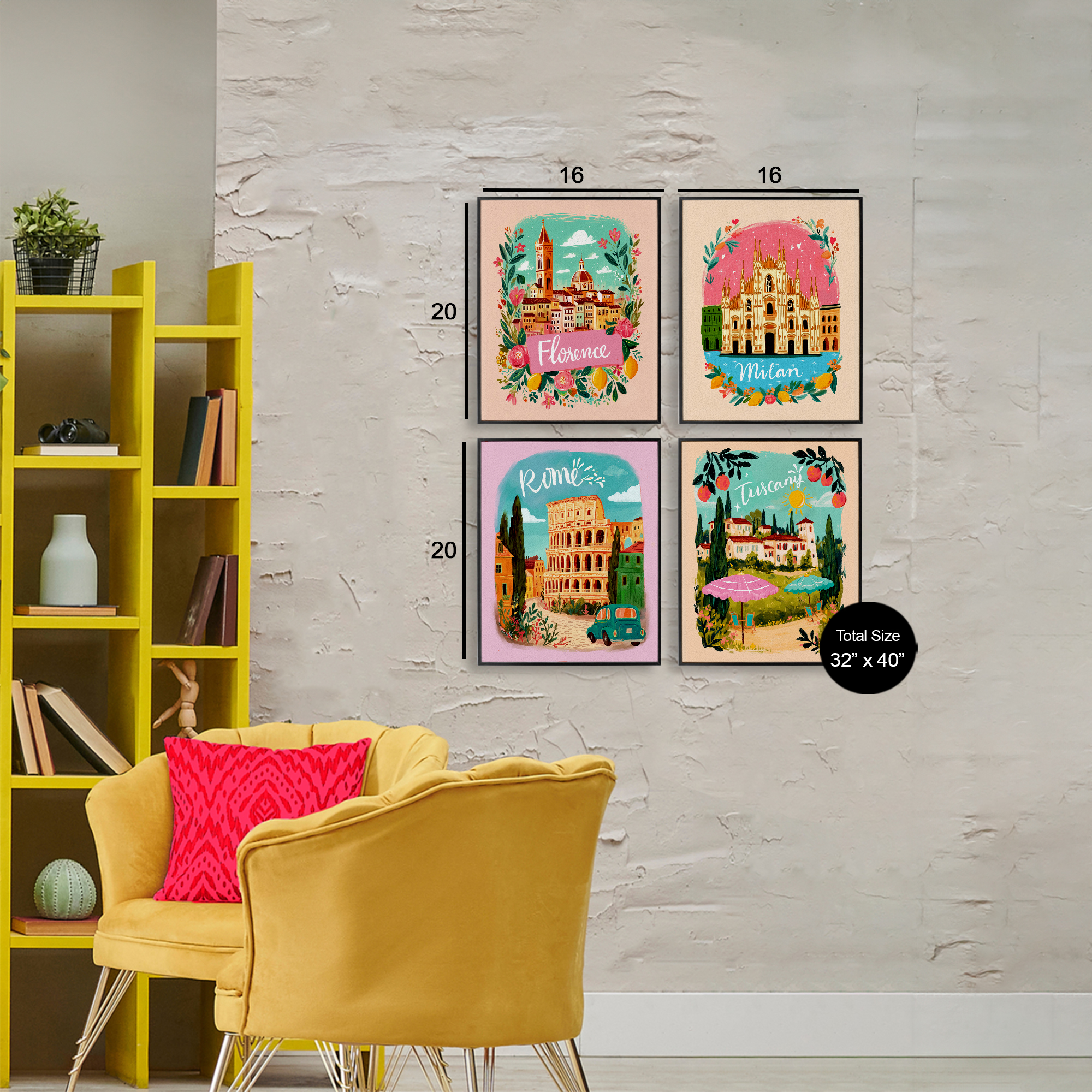 Italy Travel Locations with Florals 4 Piece Black Framed Giclee Art Set, design by Yen