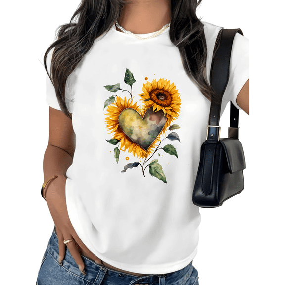 UNISHE Women's Sunflower Heart Watercolor Graphic Short Sleeve T-Shirt Floral Art Cotton Crewneck Top