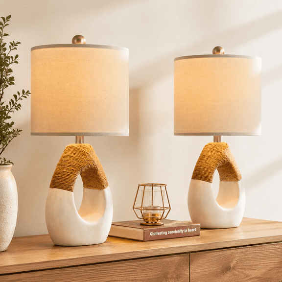 19'' Beige and White Boho Table Lamp Set of 2 for Bedroom Bedside