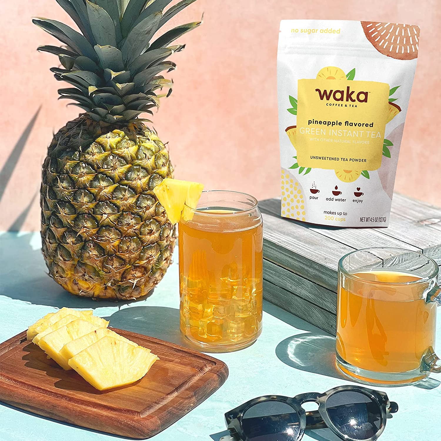 Waka Instant Tea Mix, 2 Bag Bundle - 100% Tea Leaves, No Additives, Unsweetened Tea Powders - Pineapple Flavored & Pomegranate Flavored Green (4.5oz Each)