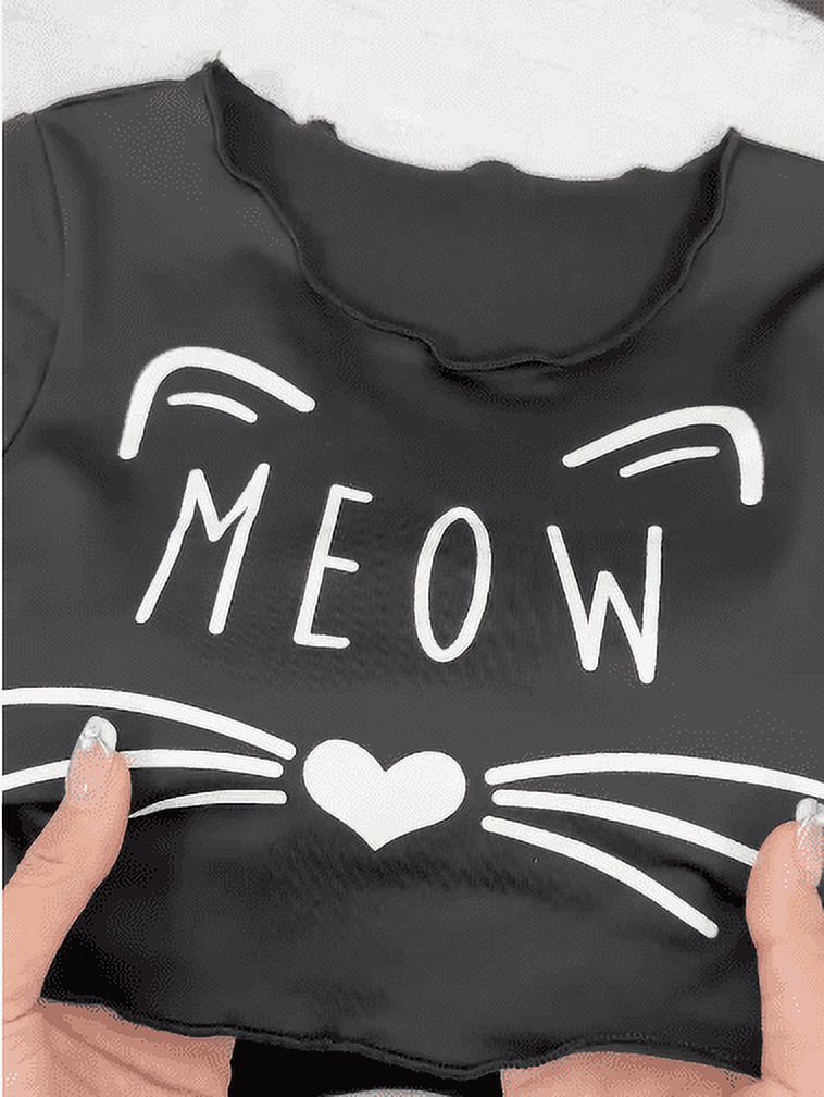 Big Girls Clothes Cute Cat Print 9 Years Kid Girls Casual Summer T-shirt Elastic Plaid Print Shorts 2Pcs Leisure Outfit Black