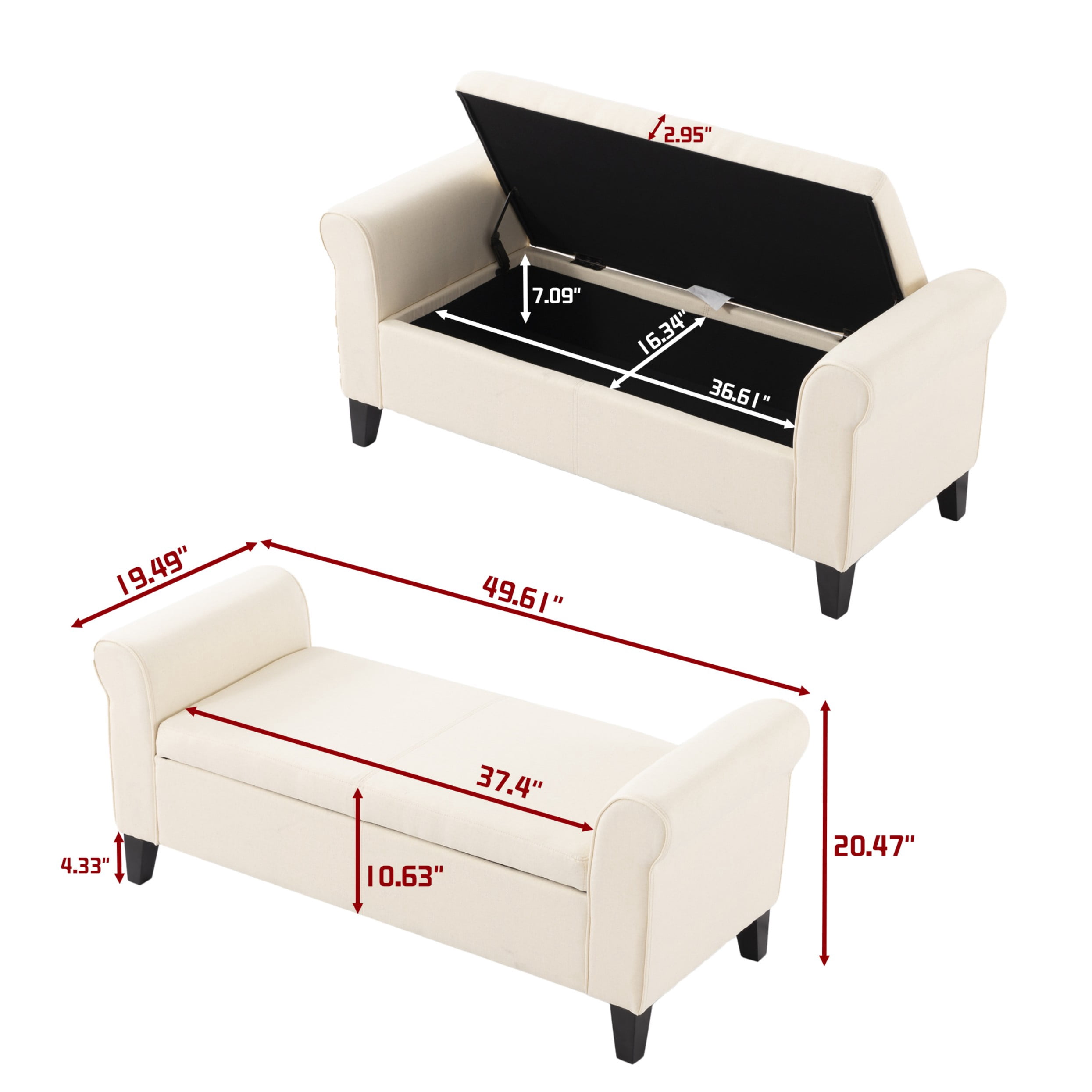BSHTI 49.61" Flip Top Storage Bench with Rolled Armrests – Solid Wood Frame, Hidden Storage Compartment, Tapered Legs – For Entryway, Bedroom, Living Room,Beige