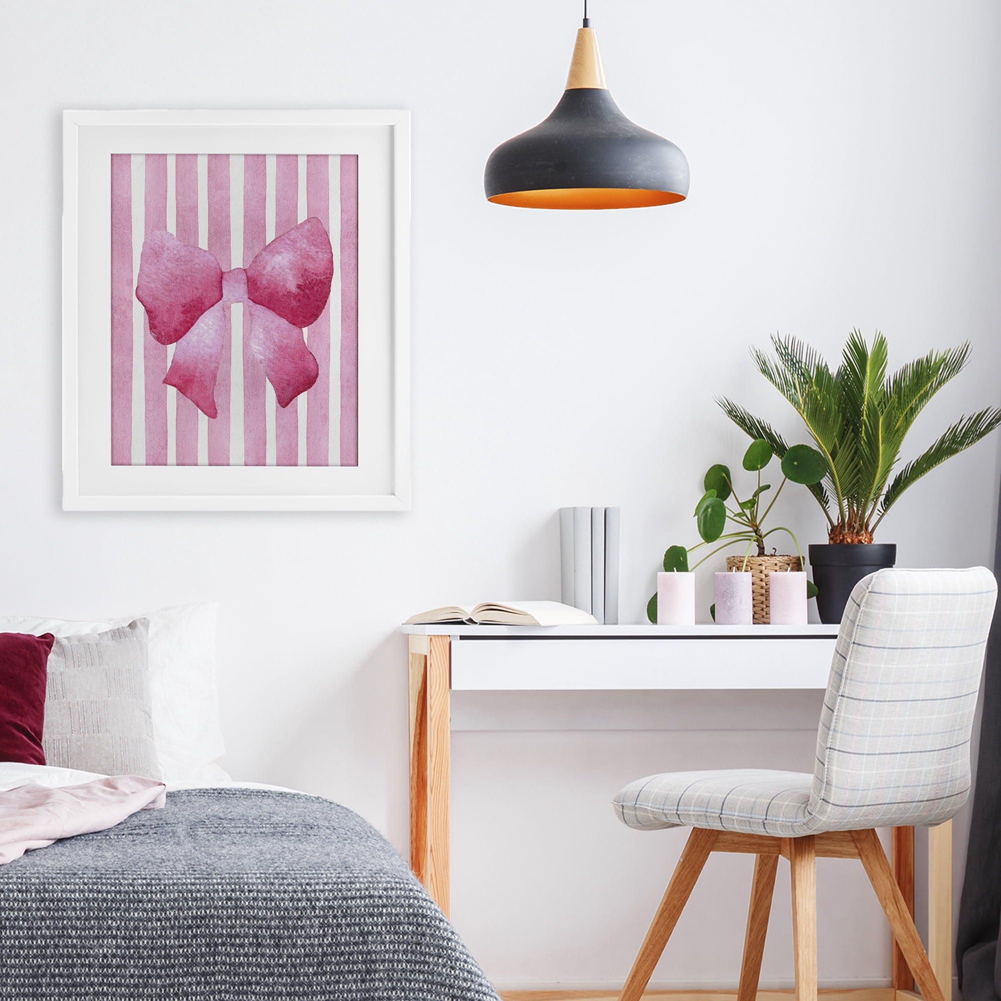 Stupell Industries Chic Bow on Pink Stripes White Framed Print Under Glass, design by Camila Juncos