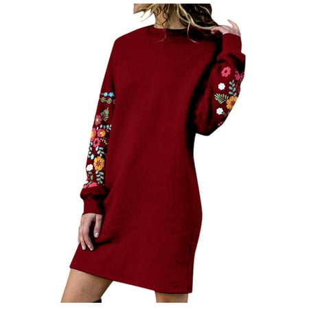

asdoklhq Maternity Dress Women Autumn Winter Casual Long Sleeve Floral Embroidery Sweatshirt Dress