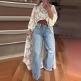 thumbnail image 2 of Olyvenn Deals Women's Round Neck Lace Short Front and Long Back Casual Top, Long Sleeve Summer Floral Embroidery See-Through Cover-Up Beige S, 2 of 5