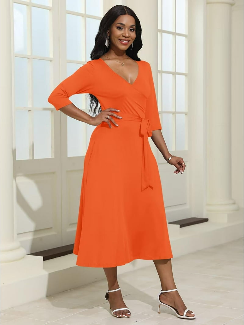 KISSMODA Midi Dresses for Women Casual 3/4 Sleeve Wrap Dress Plus Size  Curvy Cocktail Dresses with Pockets