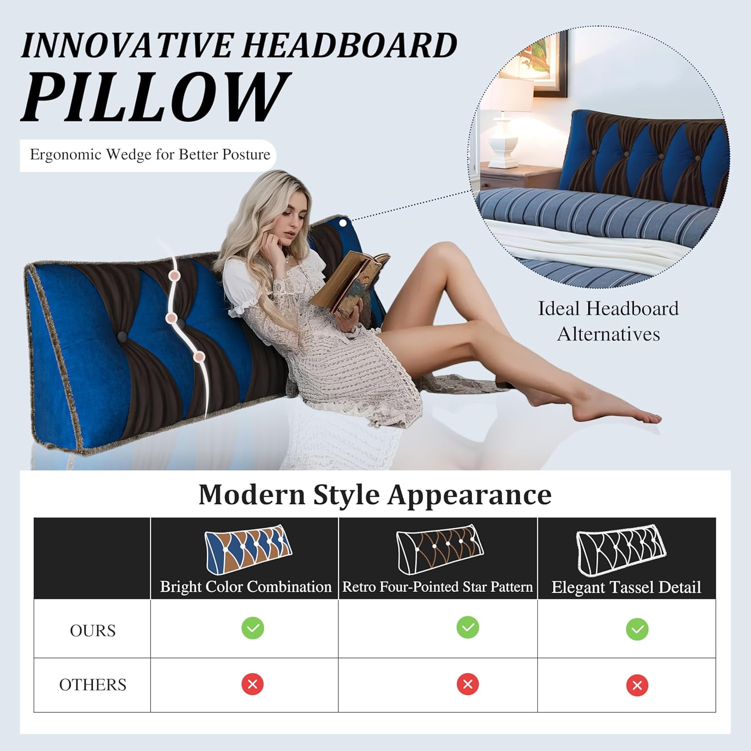Headboard Wedge Pillow Bed Wedge Pillow for Headboard Bolster for Bed Back Pillows for Sitting in Bed with Removable Velvet Cover (Olive Green, Queen)