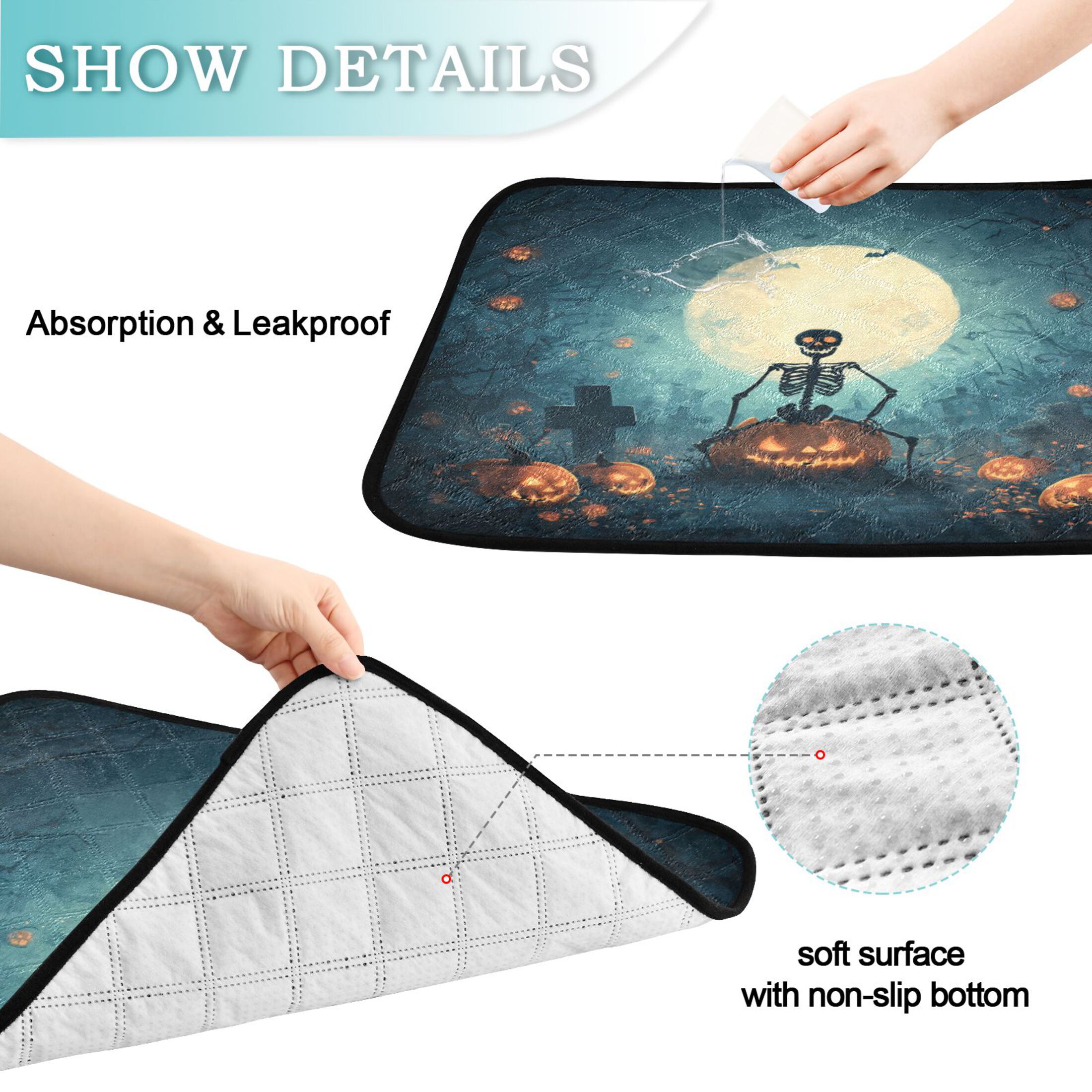 Qxltty Halloween Skull Theme Cat litter Pads Pet Set of 2 Diaper Mats Center Anti-leakage Layer Absorbent Soft and Comfortable