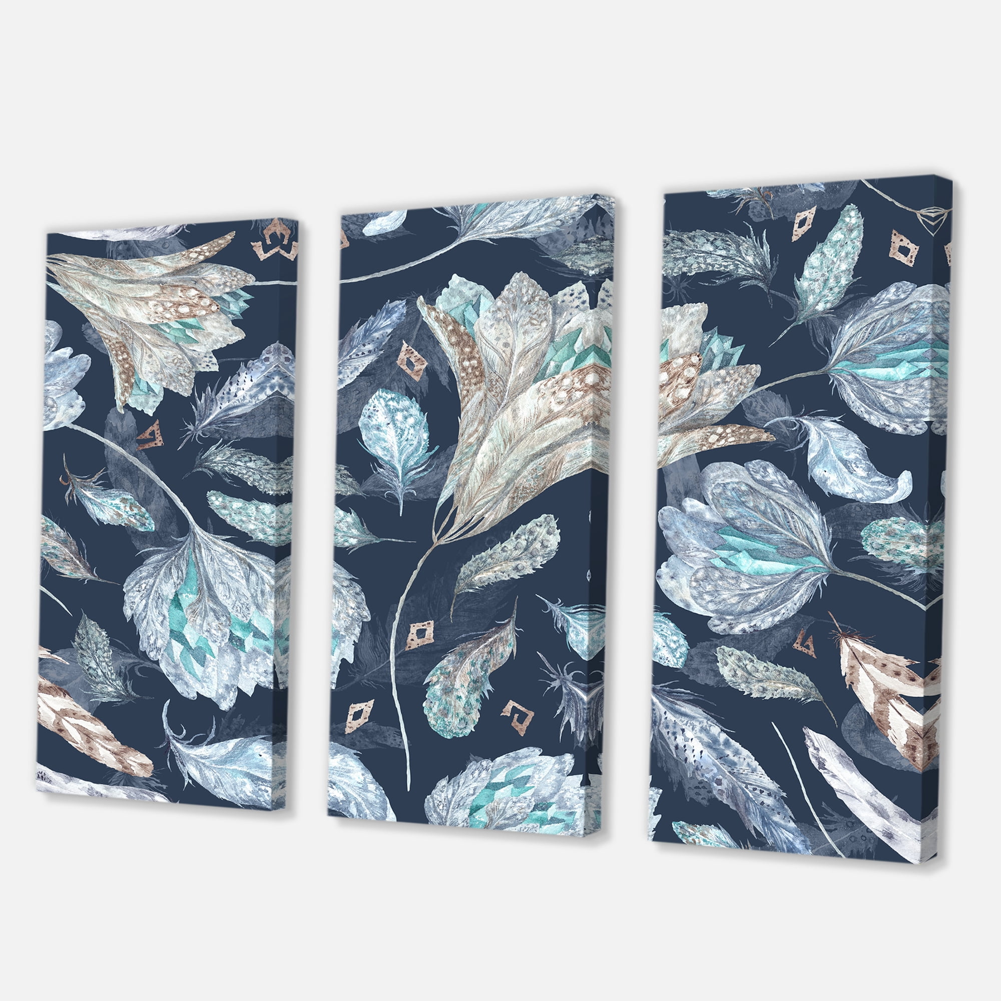 Designart ' Navy Blue Botanical Pattern With Feathers ' Traditional Canvas Wall Art Print