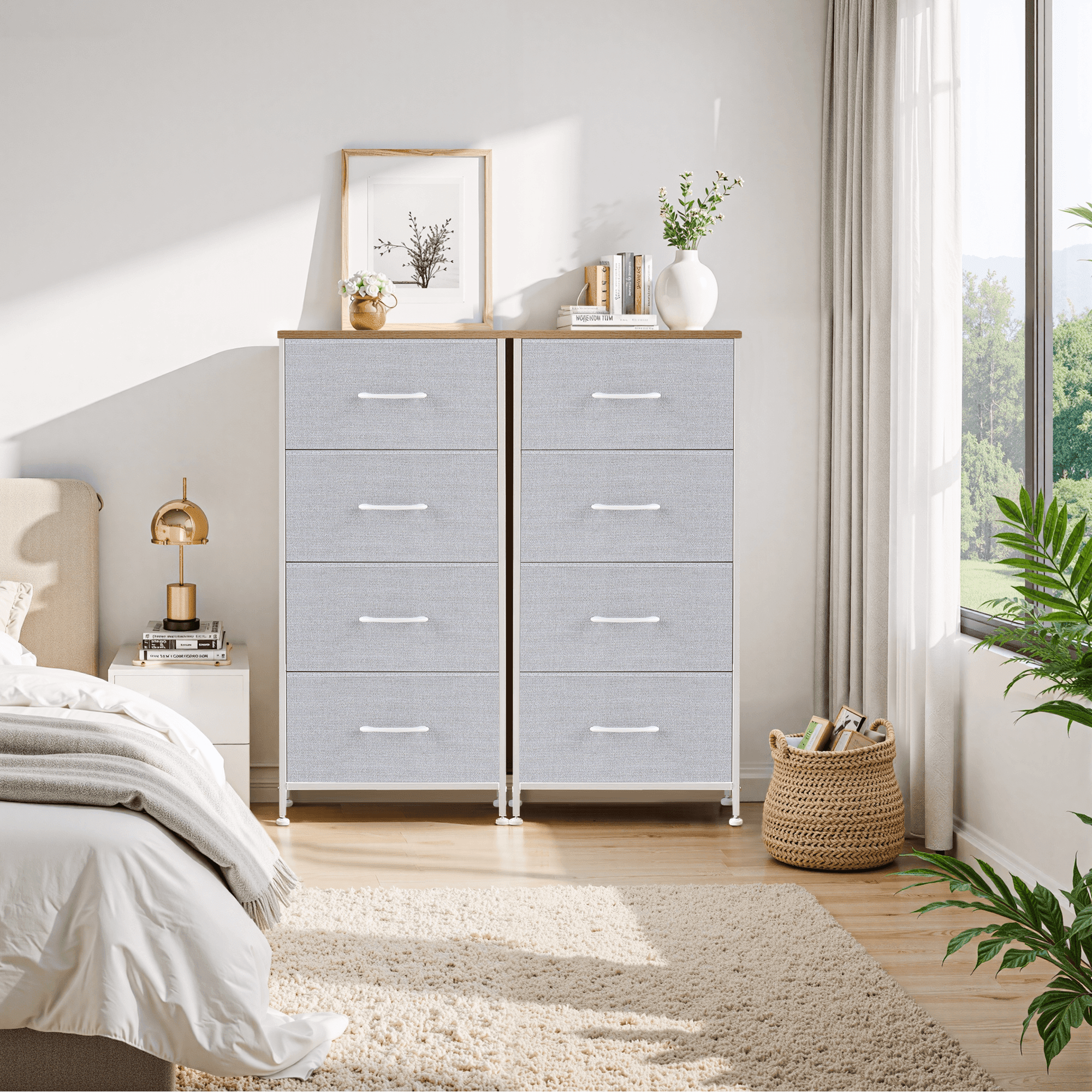 Dresser, Betcozy Storage Organizer with 4 Drawers for Bedroom, Nightstands with Sturdy Metal Frame, Wood Tabletop for LivingRoom, Entryway,Light Gray
