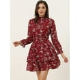 thumbnail image 3 of Vestido floral de gasa de manga larga con cuello simulado, volantes en capas, minivestidos con cintura de bata transparente Rojo L, 3 of 6