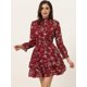thumbnail image 3 of Vestido floral de gasa de manga larga con cuello simulado, volantes en capas, minivestidos con cintura de bata transparente Rojo L, 3 of 6