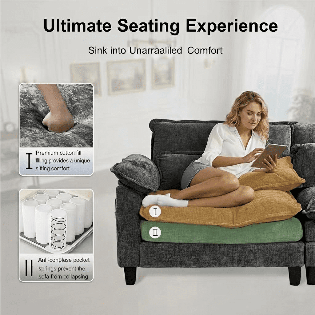 Howcool Cloud Couch Modular Sectional Sofa 3 Seat 113" L Shaped Convertible Couch Chenille Thick Cushion with Ottoman, Removable & Washable Cover for Living Room, Grey
